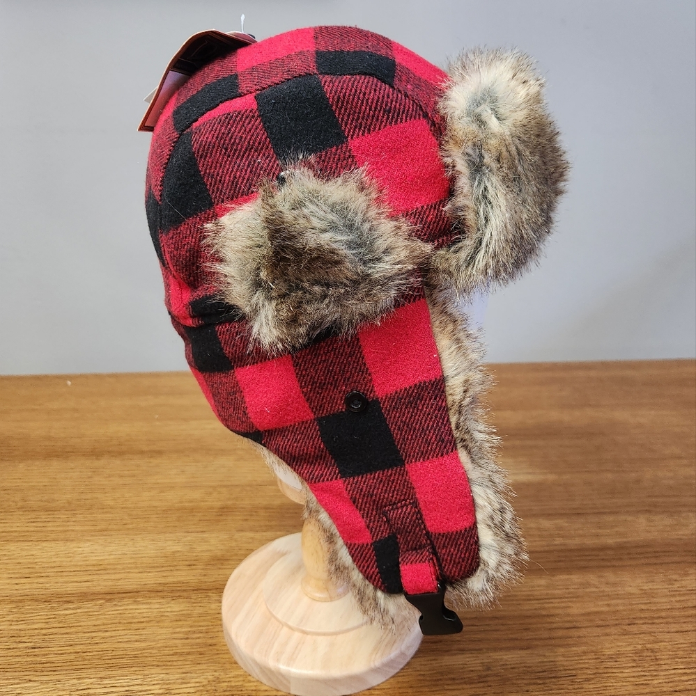 NWT DPC Outdoor Trapper Hat Red and Black Buffalo Check with Faux Fur Un…